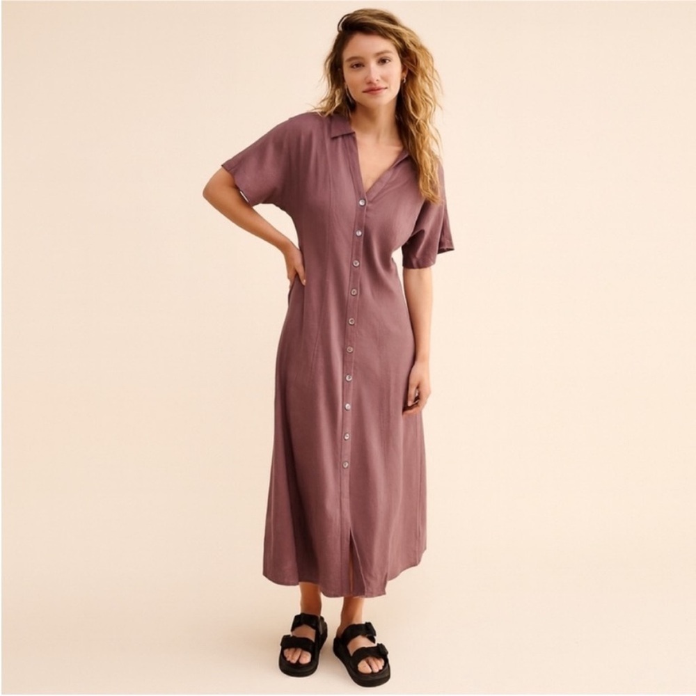 Madewell Carmine Shirt Dress Button Front Midi Classic Linen Mauve Brown Size Xs